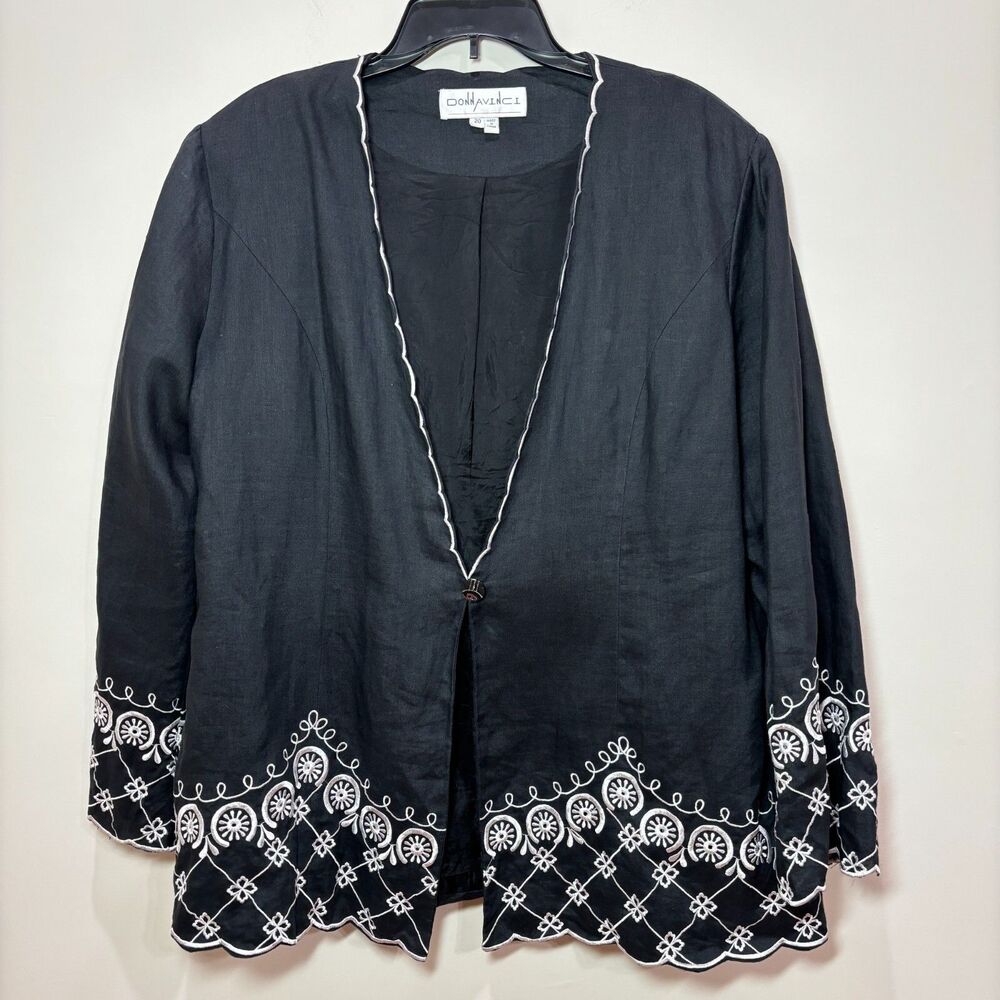Donna Vinci Jacket Blazer Women 20 Ramie Black White Embroidered Lagenlook Artsy